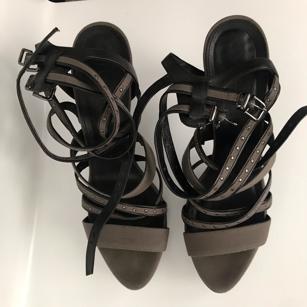 Jcrew Linen Army Green strapping heel with studs.